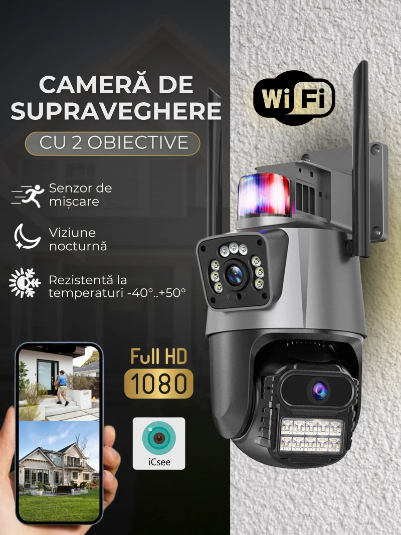 Camera de supraveghere WIFI ICSEE, 2 lentile, Control din aplicatie, Urmarire automata, Rezistenta la apa IP66