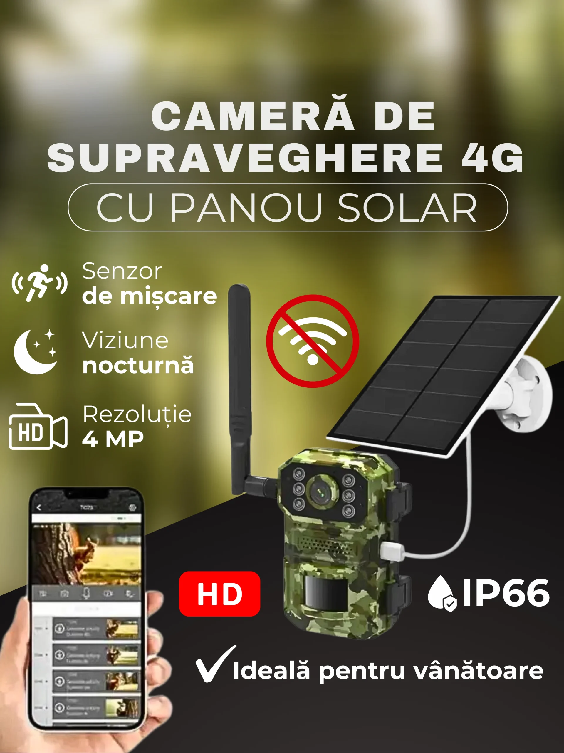 Cameră de Supraveghere 4G cu panou solar inclus  de vinatoare