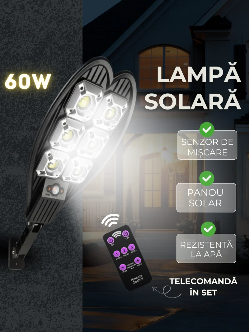Lampa Solara 60W  Panou Solar Incorporat, Telecomanda și senzor de mișcare