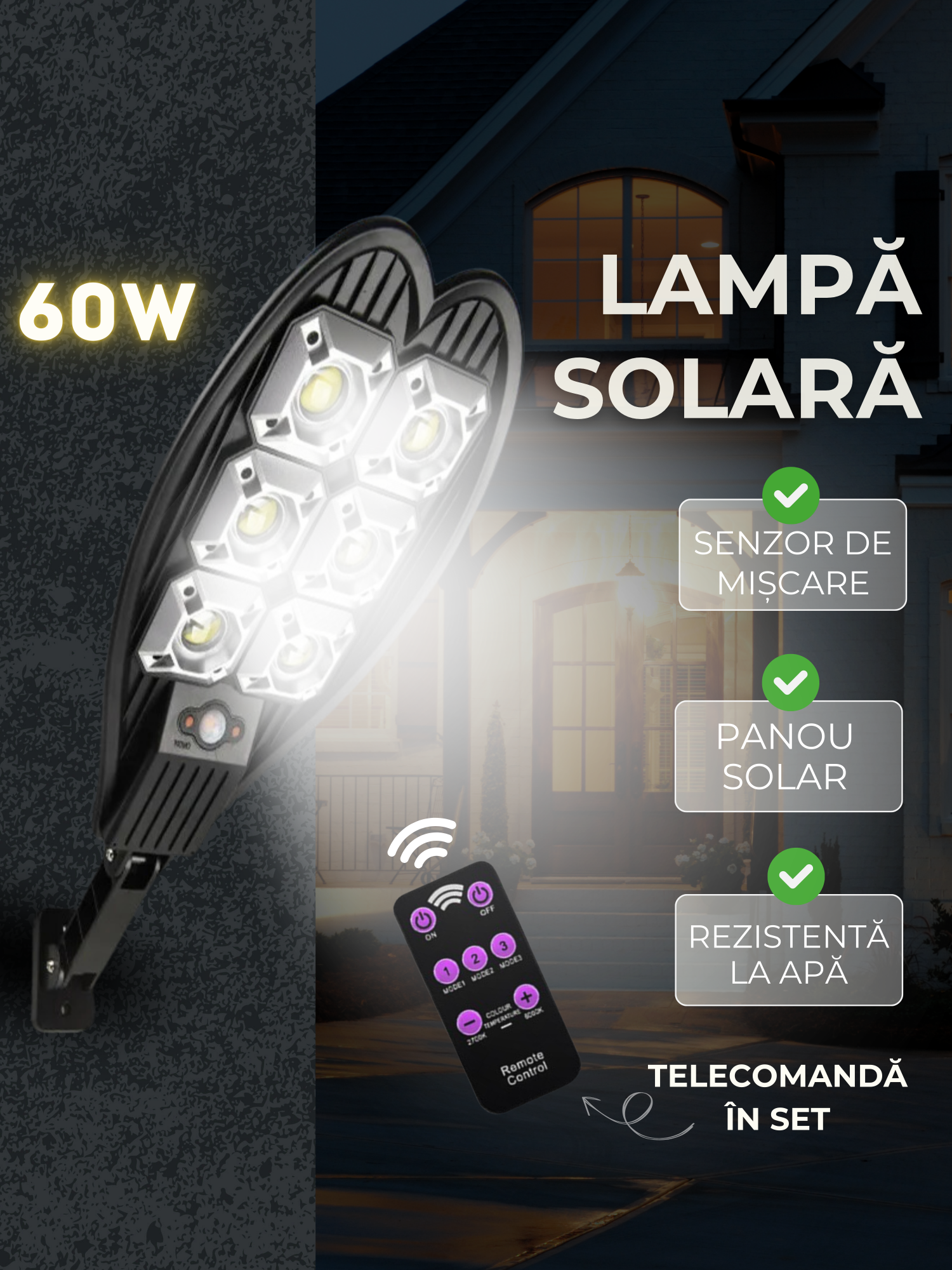 Lampa Solara 60W  Panou Solar Incorporat, Telecomanda și senzor de mișcare