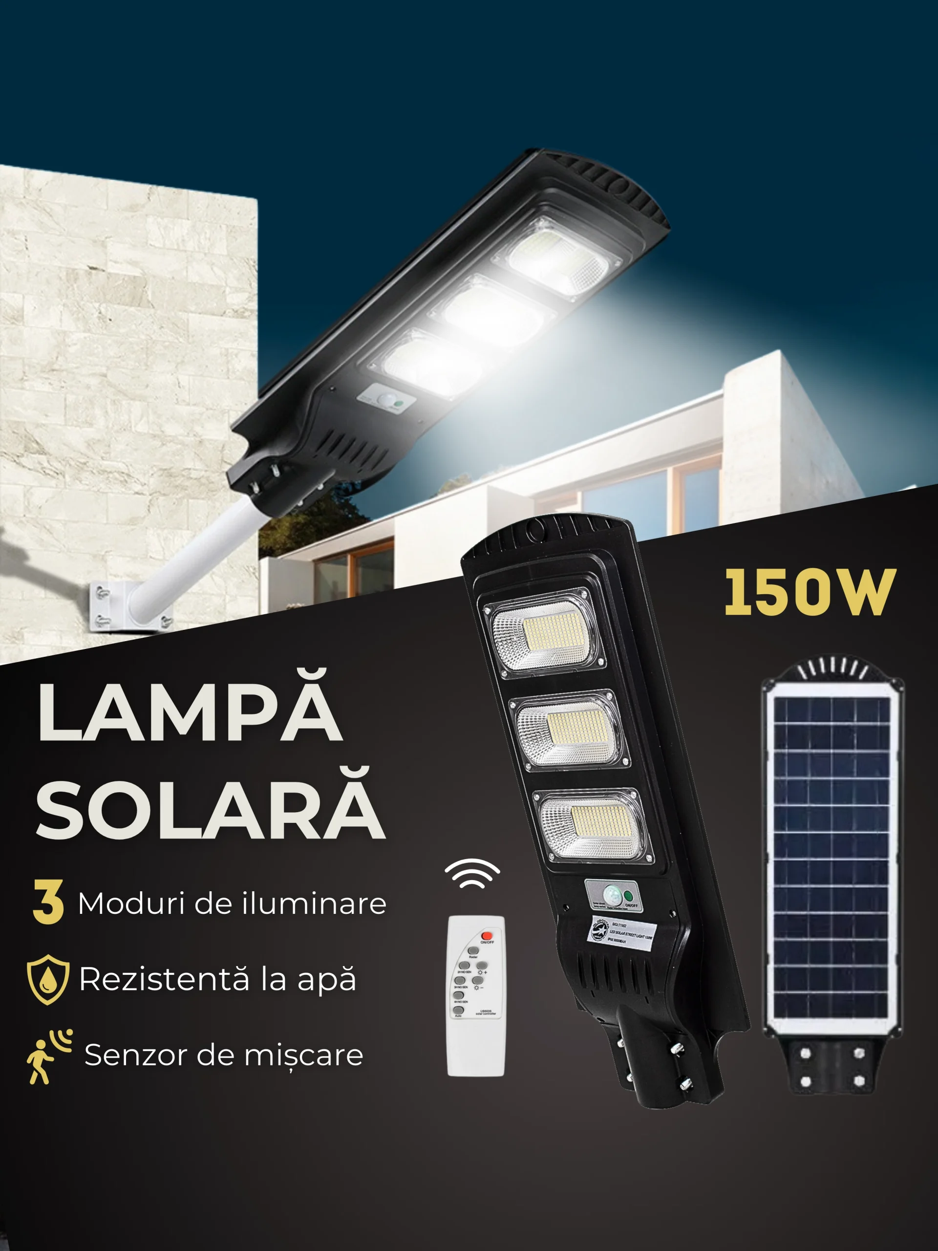 Lampa Solara 150W  Panou Solar Incorporat, Suport Metalic, Telecomanda și senzor de mișcare