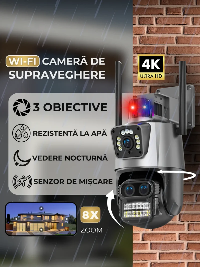 Cameră de Supraveghere 4K cu 3 Obiective, Zoom 8X