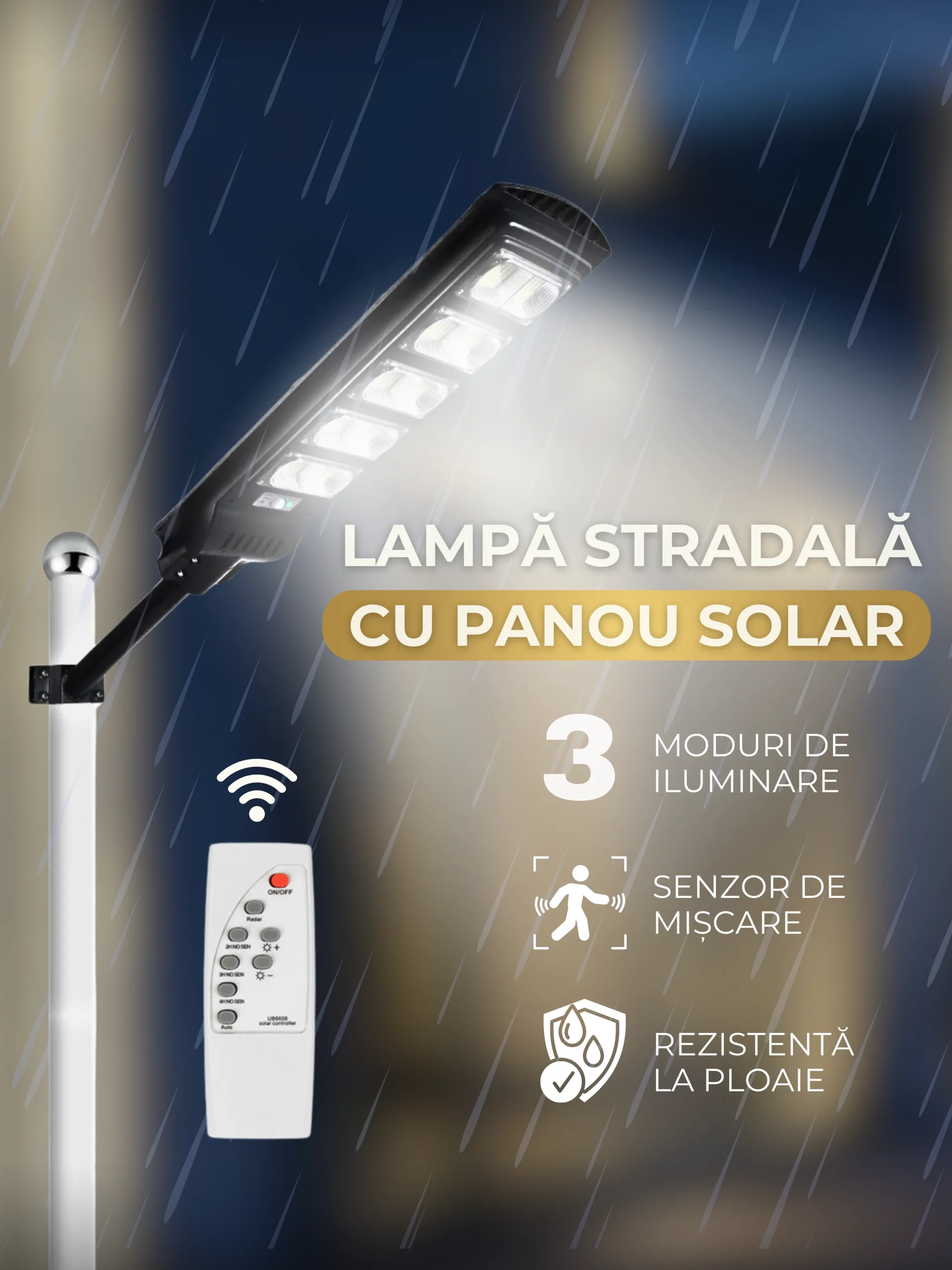 Lampa Solara 250W  Panou Solar Incorporat, Suport Metalic, Telecomanda și senzor de mișcare
