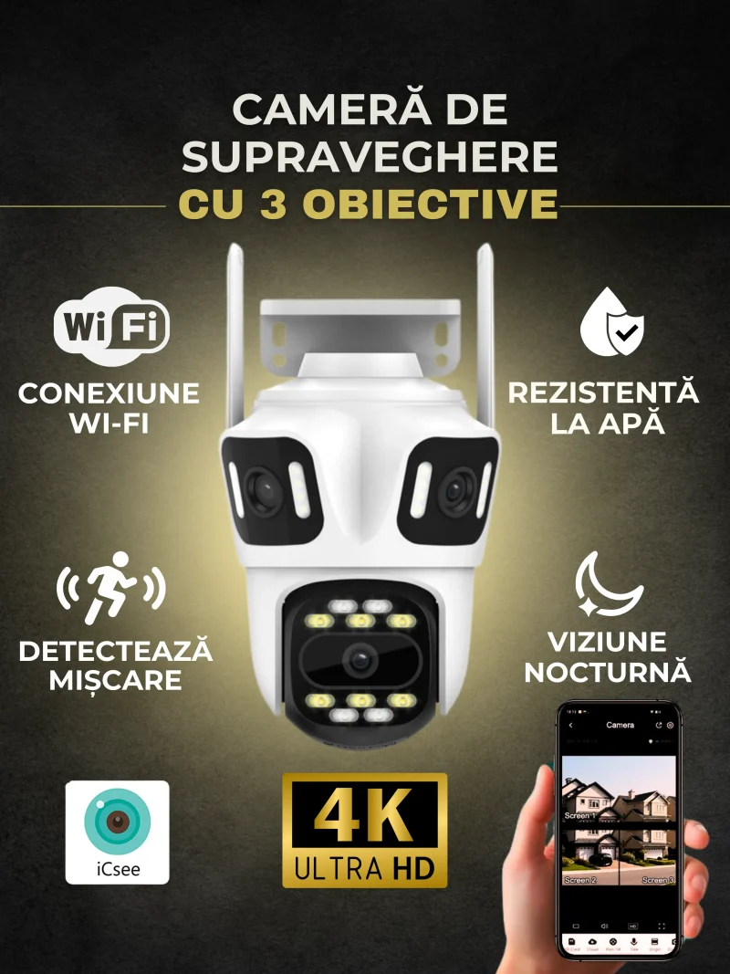 Cameră de Supraveghere 4K cu 3 Obiective ICSEE P15