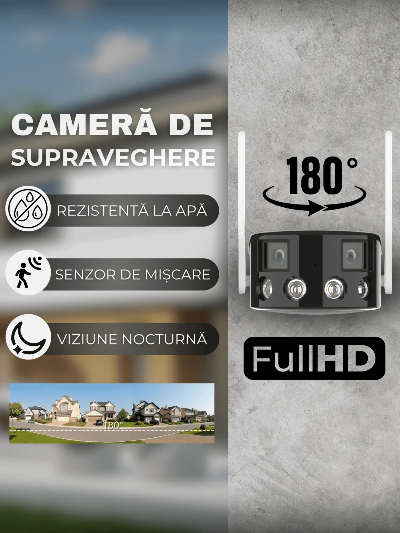 Cameră de Supraveghere 4K cu 2 Obiective, Panoramica 180 grade