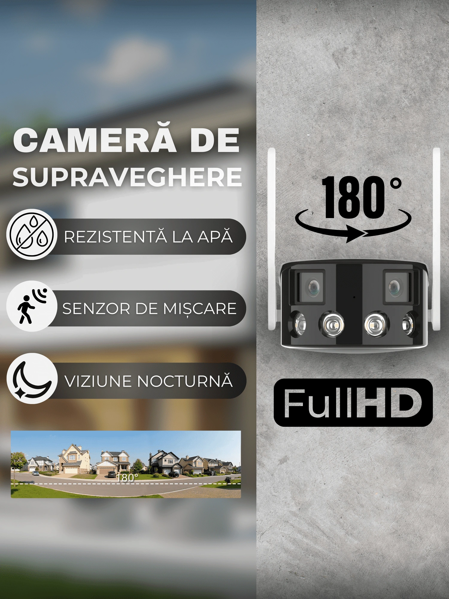 Cameră de Supraveghere 4K cu 2 Obiective, Panoramica 180 grade