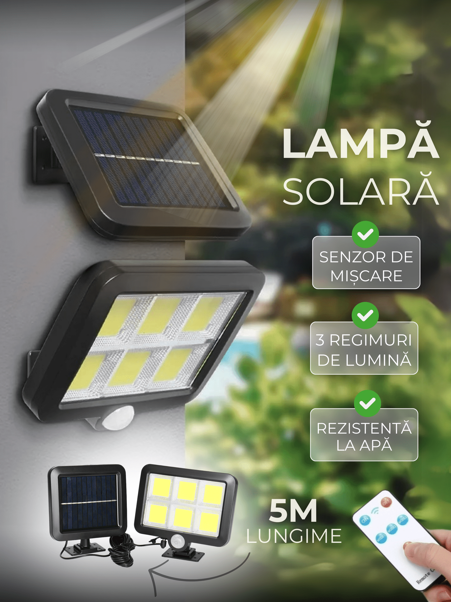 Lampa Solara in forma cu panou detasabil si 5 metrii de cablu