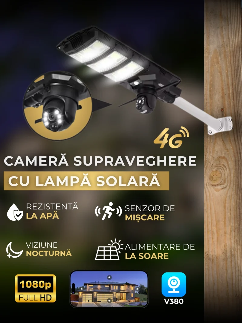 Lampa stradala cu camera 4G, 5MP, 300W, 18000mAh, viziune nocturna, IP66