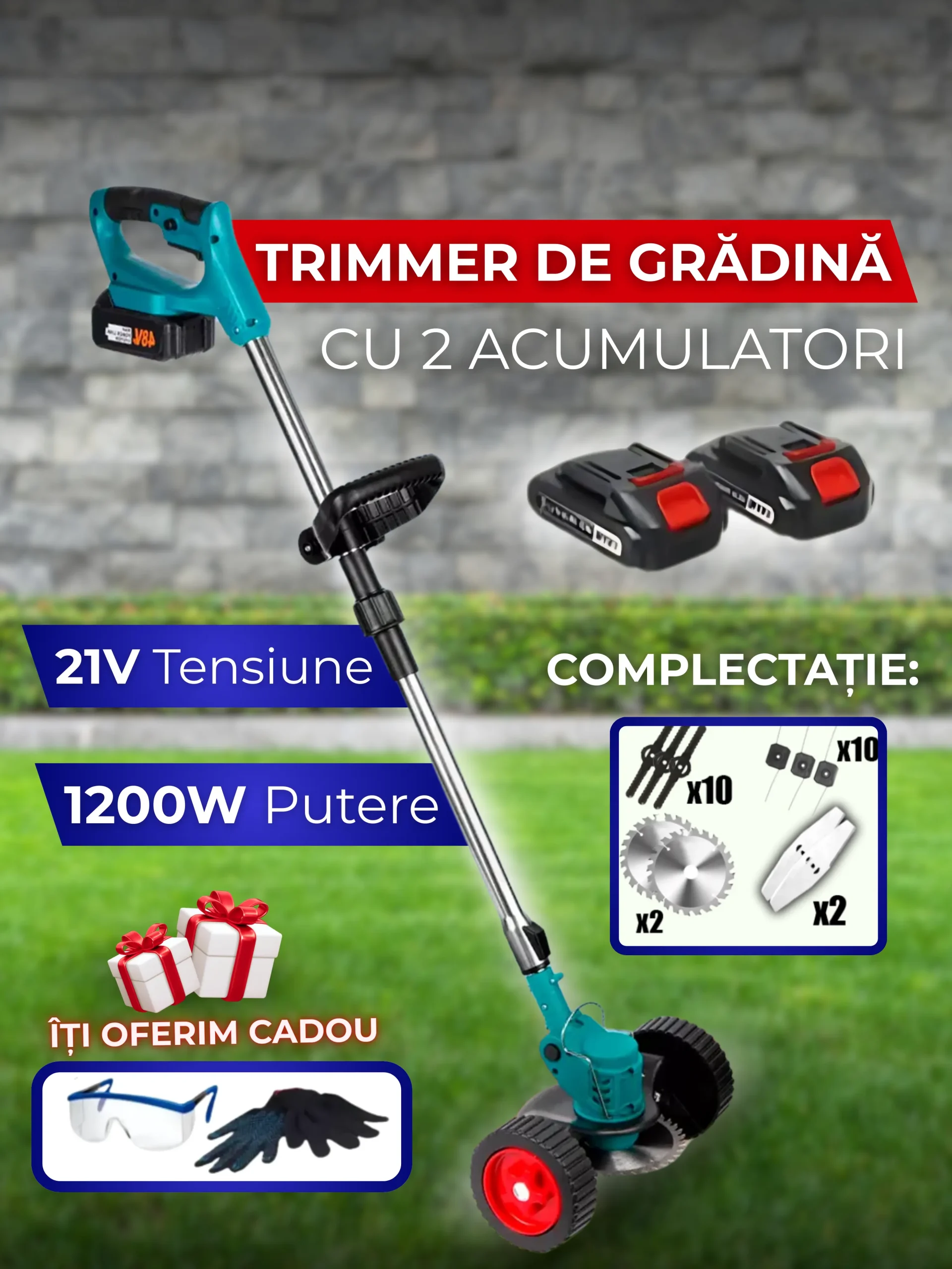 Trimer de gradina cu 2 acumulatori