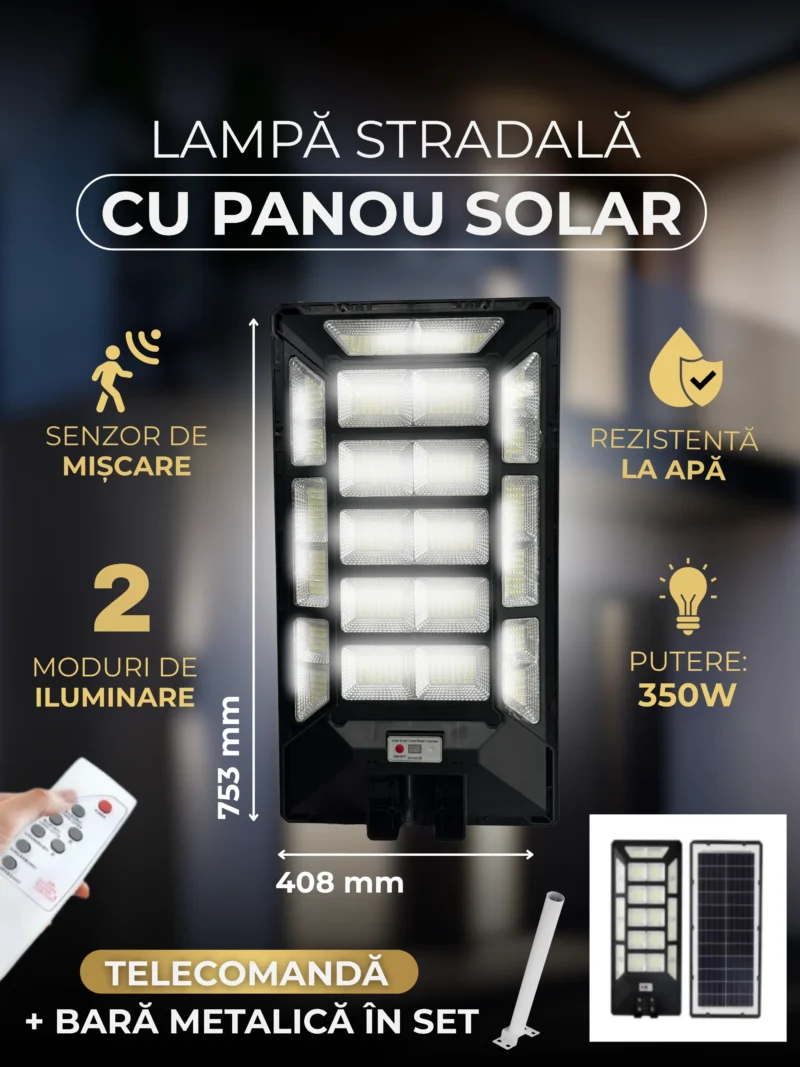 Lampa Solara 350W  Panou Solar Incorporat, Suport Metalic, Telecomanda și senzor de mișcare
