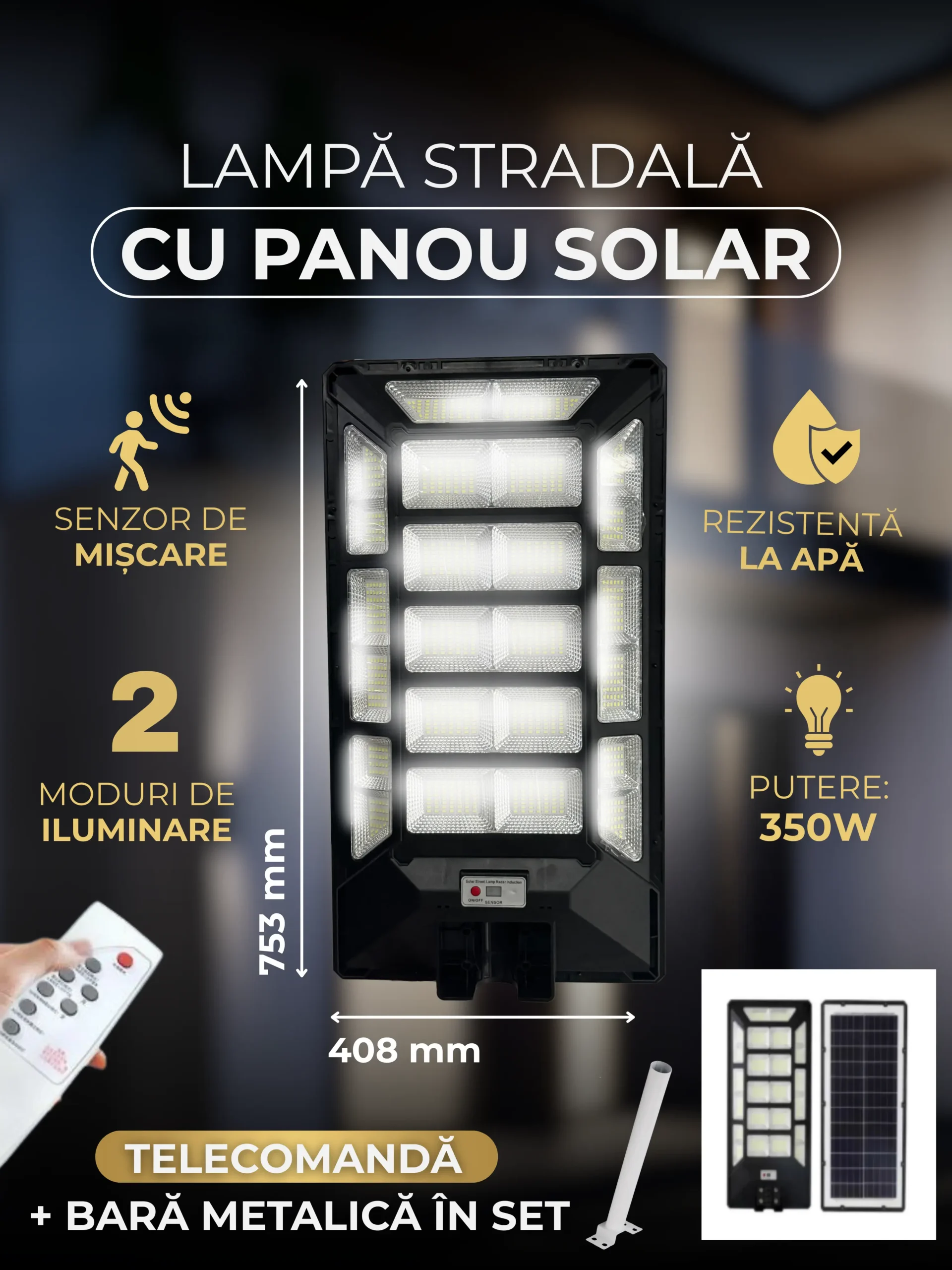 Lampa Solara 350W  Panou Solar Incorporat, Suport Metalic, Telecomanda și senzor de mișcare