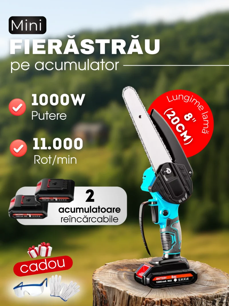 Fierastrau mini cu lant,  8'', cu 2 baterii in set