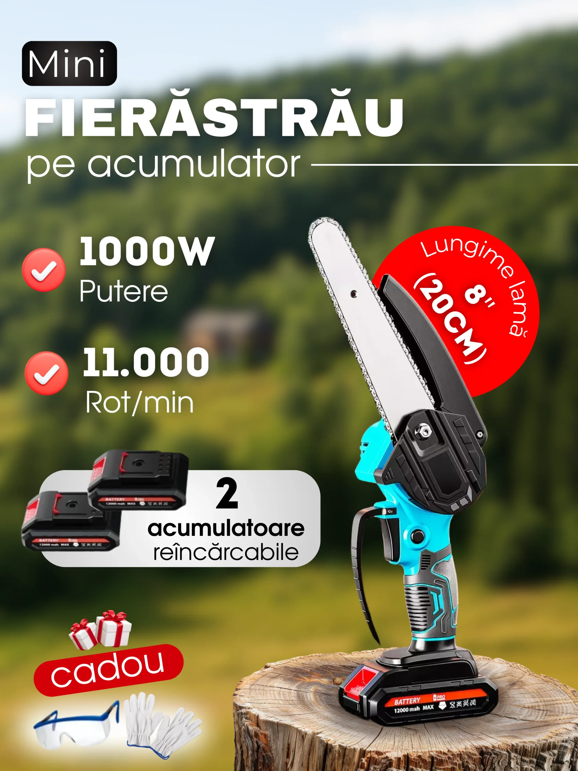Fierastrau mini cu lant,  8'', cu 2 baterii in set