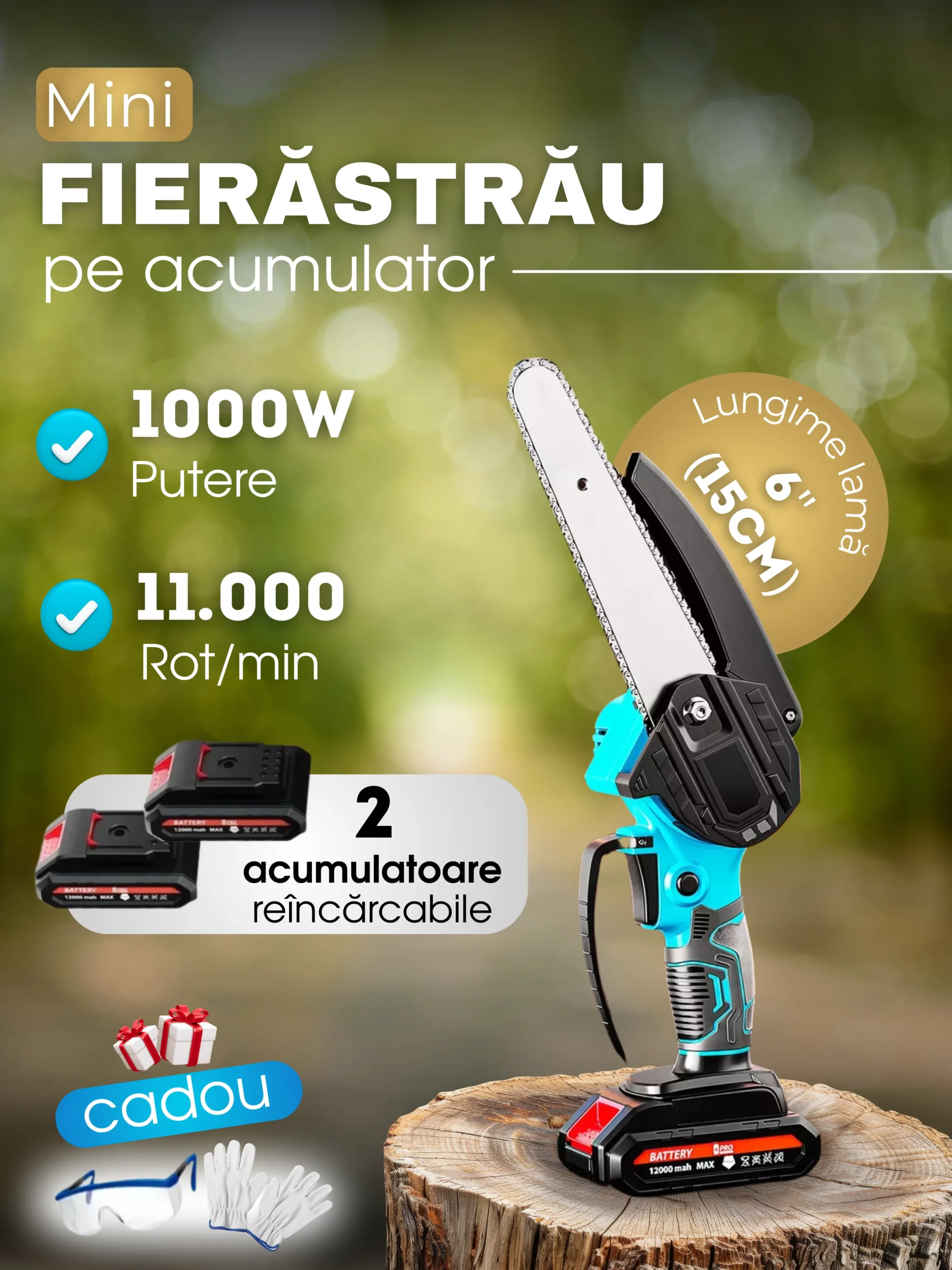 Fierastrau mini cu lant,  6'', cu 2 baterii in set