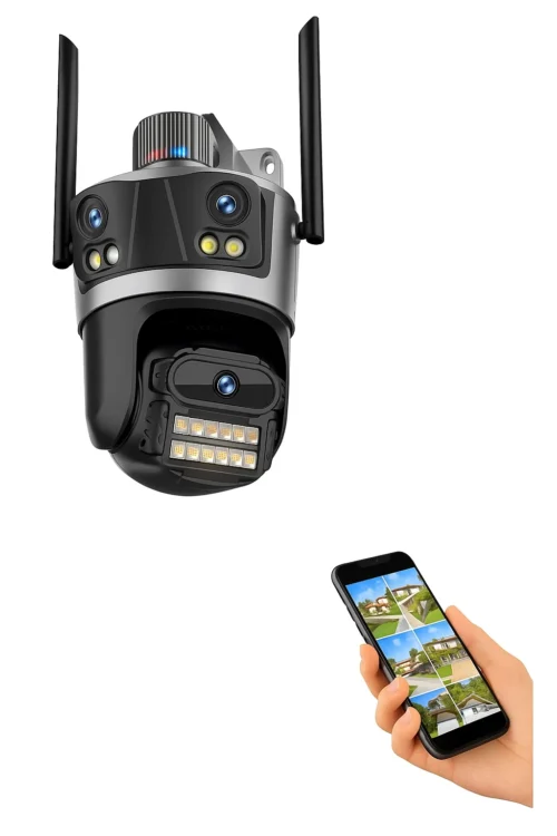 Camera de supraveghere WIFI 4K 8MP, 3 lentile, Control din aplicatie, Rezistenta la apa, Alarma