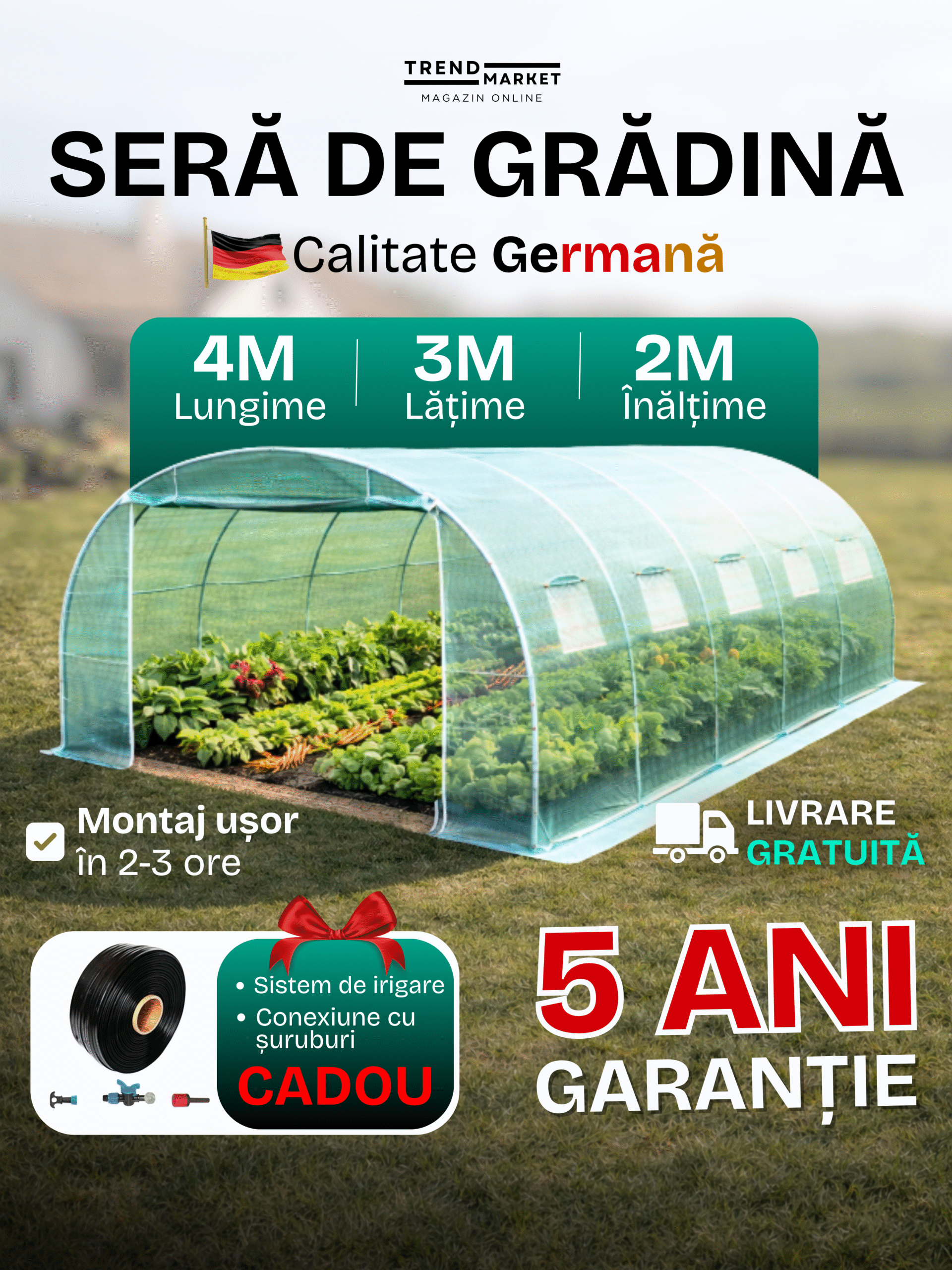 Seră Germană Extra-Rezistentă 4x3x2m / Ø26mm / 2 uși