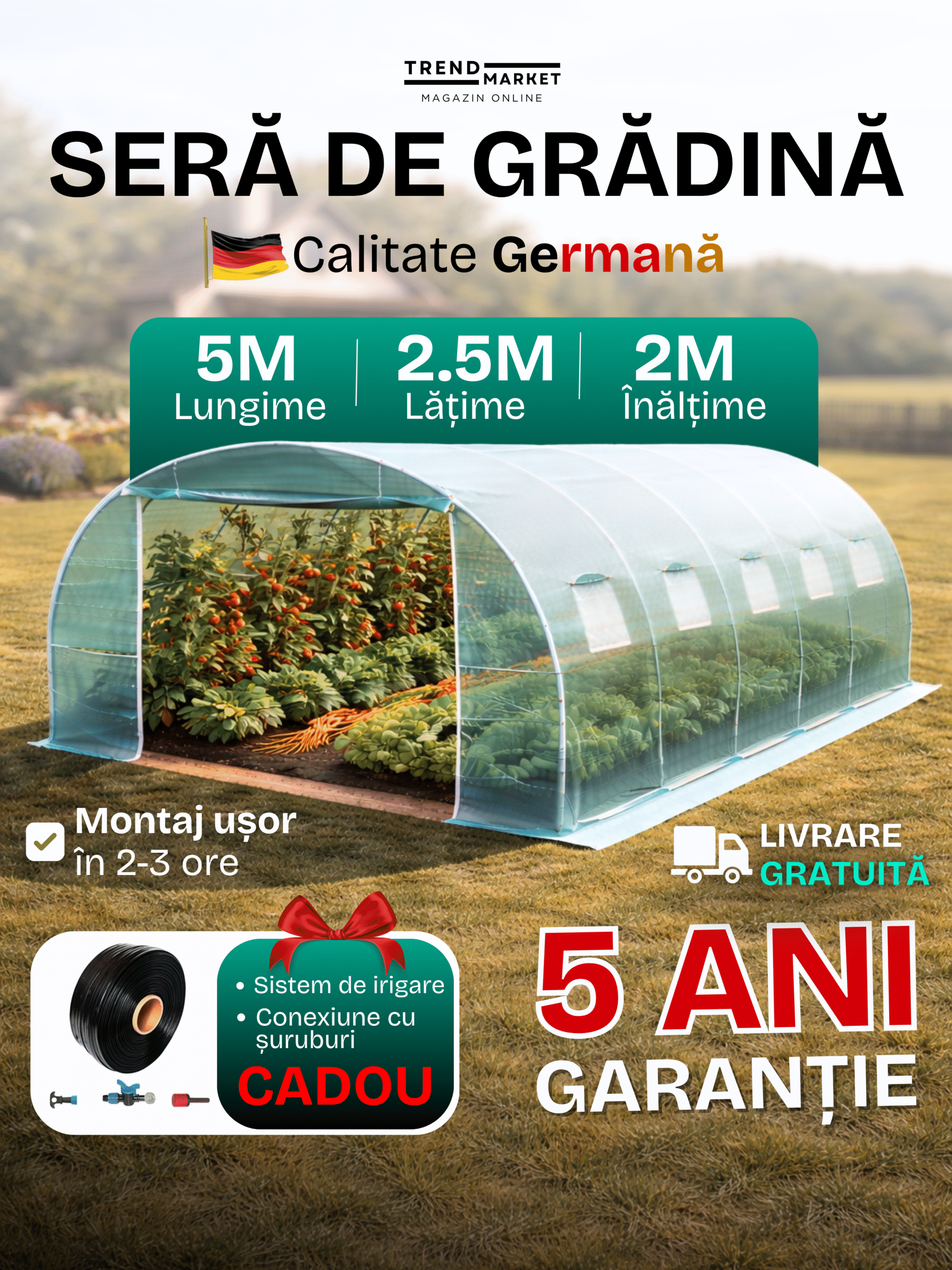 Seră Germană Extra-Rezistentă 5x2,5x2m / Ø26mm / 2 uși