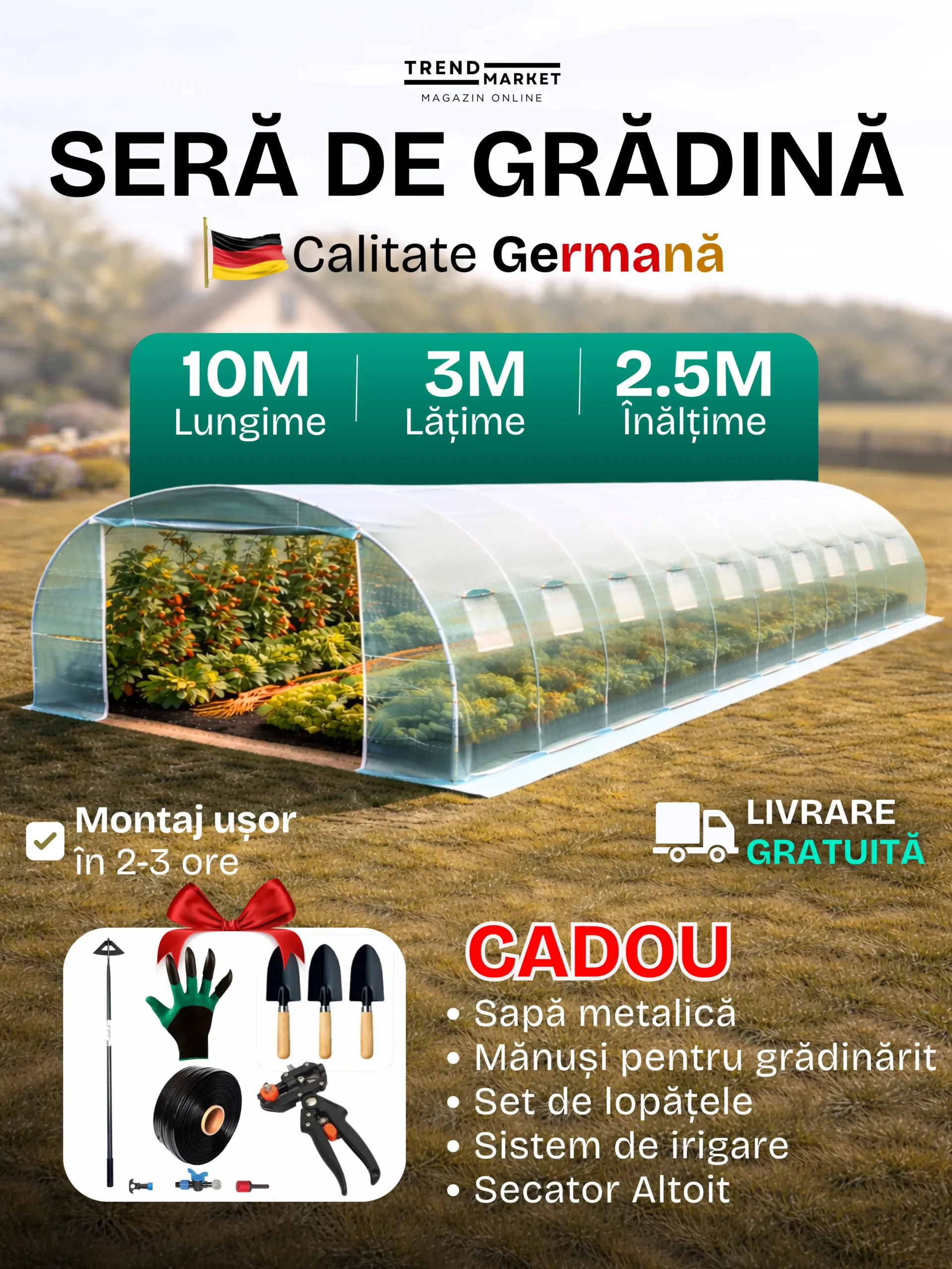 Seră Germană Extra-Rezistentă 10x3x2,5m / Ø26mm / 2 uși